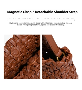 Detail of woven tote bag featuring magnetic suction clasp and detachable shoulder strap