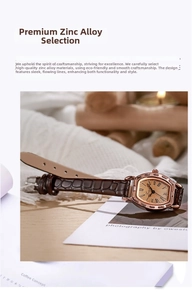 Detailed close-up of a tonneau-shaped rose gold watch with brown leather croc strap