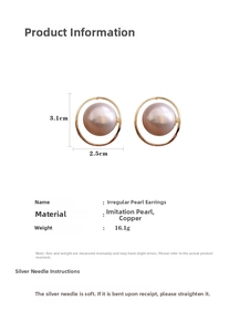 Detailed view of gold irregular pearl earrings with 3.1cm x 2.5cm size markings