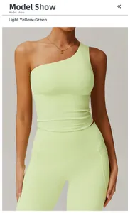 Detailed view of women's one-shoulder yoga vest and high-waisted leggings in lime green