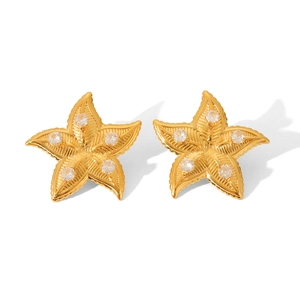 Macro detail of 18K gold star stud earrings with white zircons on a white background
