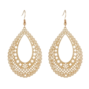 Ethnic style gold teardrop hollow earrings with intricate floral mesh patterns for women