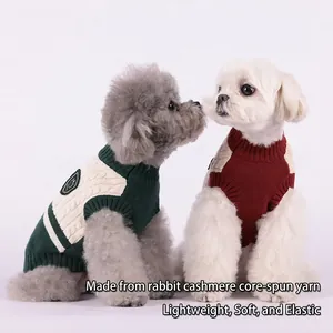 Pet knit sweaters in green and red with cable knit texture and turtleneck design