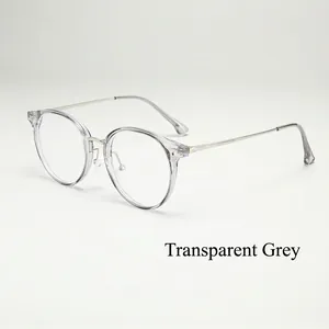 Classic round transparent grey TR eyeglasses frame with slim silver metal temples