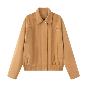 Giacca moto vintage corta da donna color cammello con colletto a rever e zip tasche