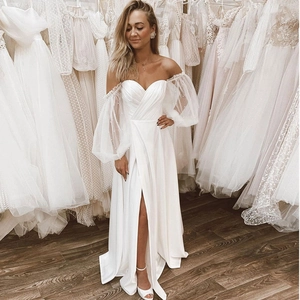 Strapless Ivory White Wedding Dress Artificial Pearl Puff Sleeves Satin Lace Bridal Gown High Slit Elegant Formal Women