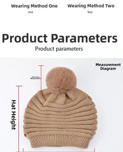 Mesures détaillées du bonnet en tricot kaki avec pompon en fourrure et bordure côtelée