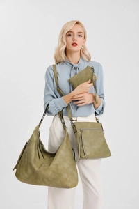 Three-piece olive green leather tote bag set shown with shoulder and crossbody styles