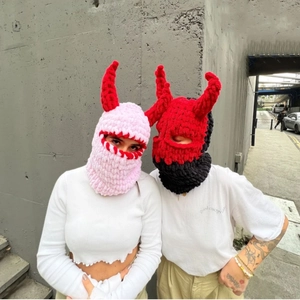 Knitted Halloween devil horn balaclava face masks in pink and red-black crochet style