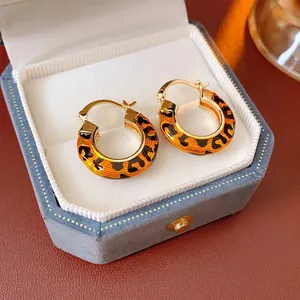 Leopard Emaille Creolen Gold Vergoldet Kupfer Mit Stahl Ohrstecker Rund Vintage Stil Damen Schmuck Retro