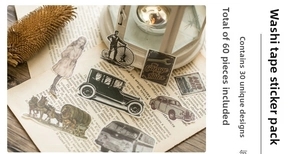 Macro detail of vintage washi stickers featuring retro cars and nostalgic motifs