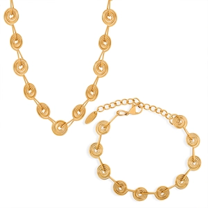 Polished gold plated titanium steel necklace and bracelet set with spiral ring links