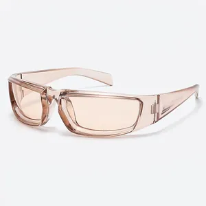 Y2K sporty translucent amber wraparound sunglasses with wide frames and industrial design