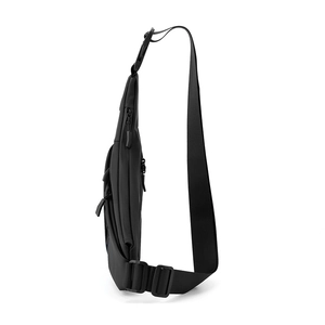 Slim black water-resistant chest bag side view showing multi-layer zipper compartments