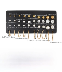 Detailed size measurement guide for gold ball, pearl and rhinestone earrings set