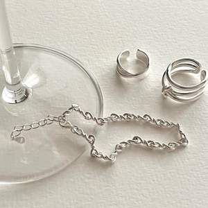 Minimalist S925 sterling silver jewelry set with rings and twisted chain necklace