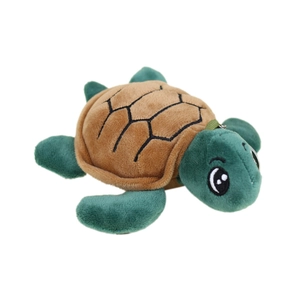 Green and brown cartoon plush sea turtle toy with soft shell and hanging loop