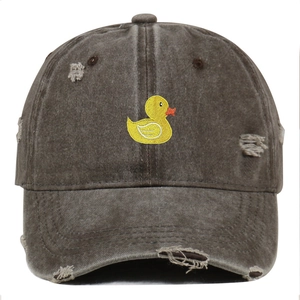 Distressed dark brown washed baseball cap with a yellow duck embroidery on the front