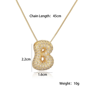 Detailed size specifications for a gold-plated iced-out letter B pendant necklace