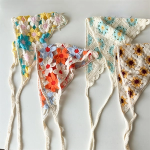 Set of four handmade crochet floral triangle bandanas in colorful knitted patterns