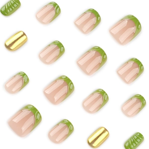 3D French green press-on nails with gold mirror powder finish and floral textures