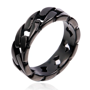Detailed close-up of a black titanium steel ring featuring a cuban link chain design