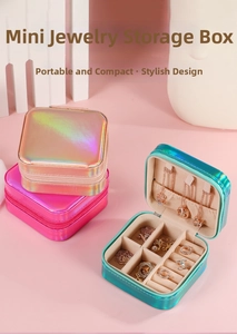 Top view of portable laser PU leather jewelry boxes with interior ring and necklace slots