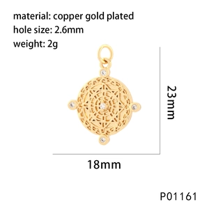 Detailed view of round gold pendant with star engraving and technical specifications