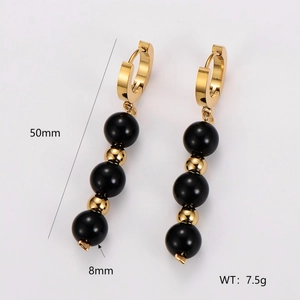 Elegant 304 stainless steel gold drop earrings with black beads and 50mm length dimension