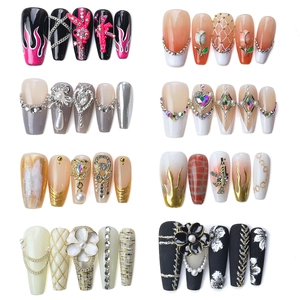 Assorted DIY nail art charms featuring tulip, rabbit, and rhinestone alloy designs in 8 sets