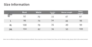 Size information chart with bust, waist, and length measurements for the printed chiffon dress
