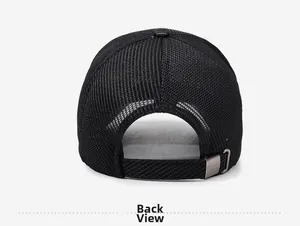 Detail view of the breathable black mesh back and adjustable metal buckle on baseball cap