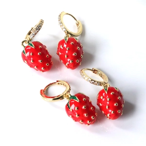 Charming red strawberry drop earrings with gold leaves and sparkling cubic zirconia