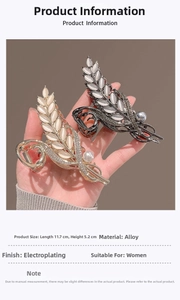 Detail of wheat ear hair claw clips in gold and gunmetal with pearls and rhinestones