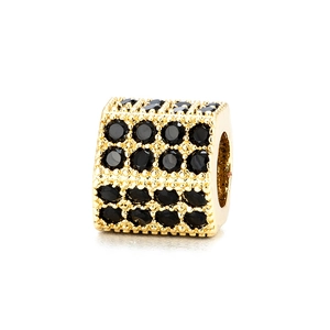 Gold cylindrical bead with pavé black zircon stones and micro-inlay for DIY jewelry