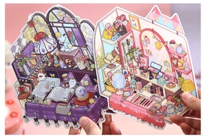 Detailed close-up of decorative 3D landscape stickers with colorful magic and makeup themes