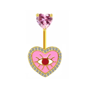 Pink heart-shaped belly button ring with red devil eye detail and sparkling gold crystals