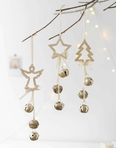 Detailed view of three glitter Christmas bells with angel, star, and tree charms