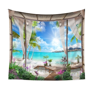 Détail d'une tapisserie de plage bohème avec pavillon tropical et paysage marin