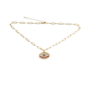 Gold Evil Eye pendant necklace with blue and red zircons on a simple link chain