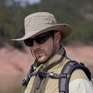 Khaki outdoor wide brim sun hat with adjustable chin strap for men on hiking trip