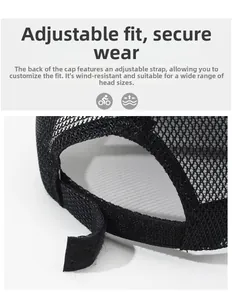 Detail of adjustable hook-and-loop strap and breathable black mesh on the baseball cap