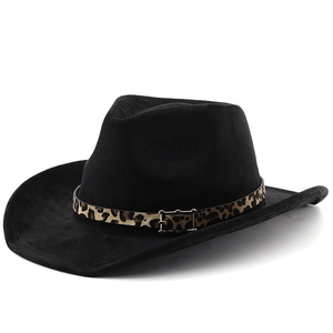 Classic black faux suede western cowboy hat featuring a stylish leopard print belt with buckle