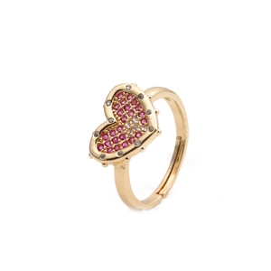 Adjustable gold plated copper ring with heart shaped colorful cubic zirconia stones