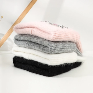 Plush angora rabbit hair knit beanie with sequins in pink grey white and black colors