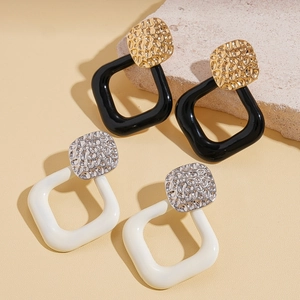 Geometric square drop earrings in black-gold and silver-white finishes on stone