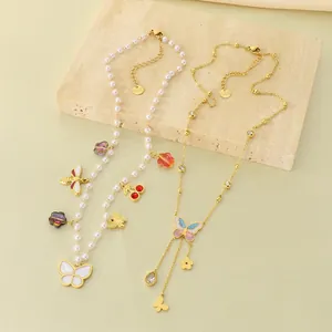 Butterfly Pendant Necklace Stainless Steel Enamel Rhinestone Faux Artificial Pearl Charms Elegant Fashion Jewelry For Women