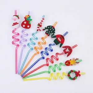 Christmas Spiral Straws Reusable Plastic With Silicone Santa Reindeer Decorations Party Favors Drinkware Accessories