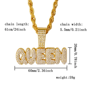Iced out gold QUEEN pendant necklace with matching twisted cuban chain on white background