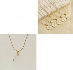 Detail of 18K gold-plated stainless steel necklace with round shell letter pendants